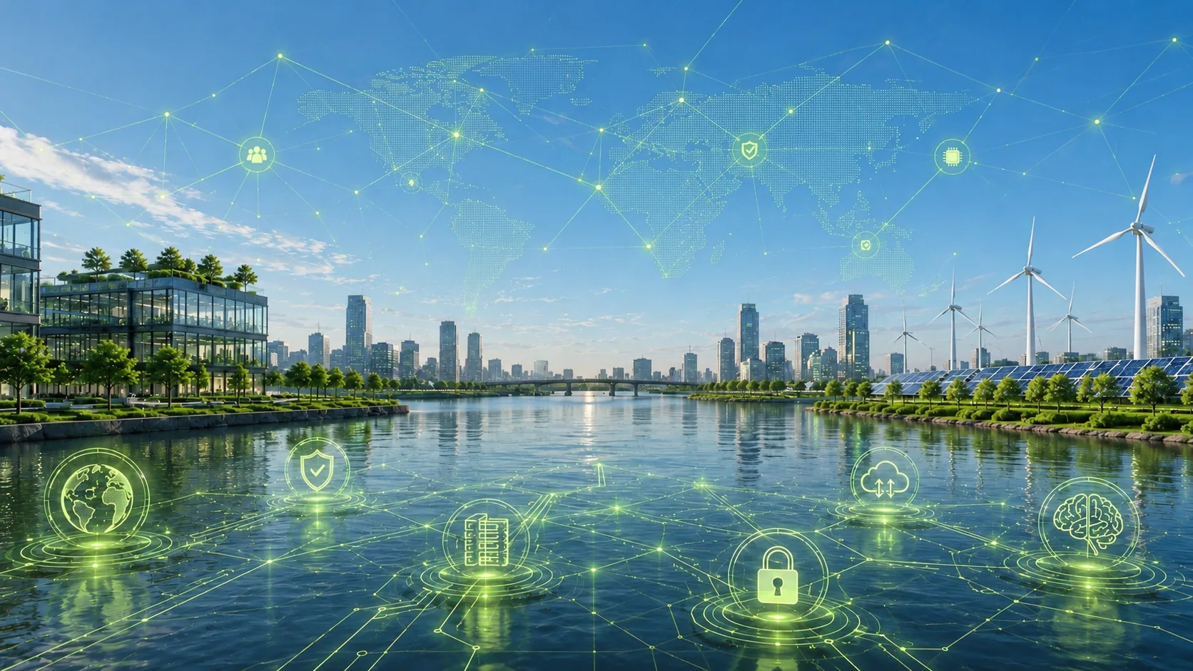 Sustainable smart-city skyline over water with a global data network the oceans Group brand video